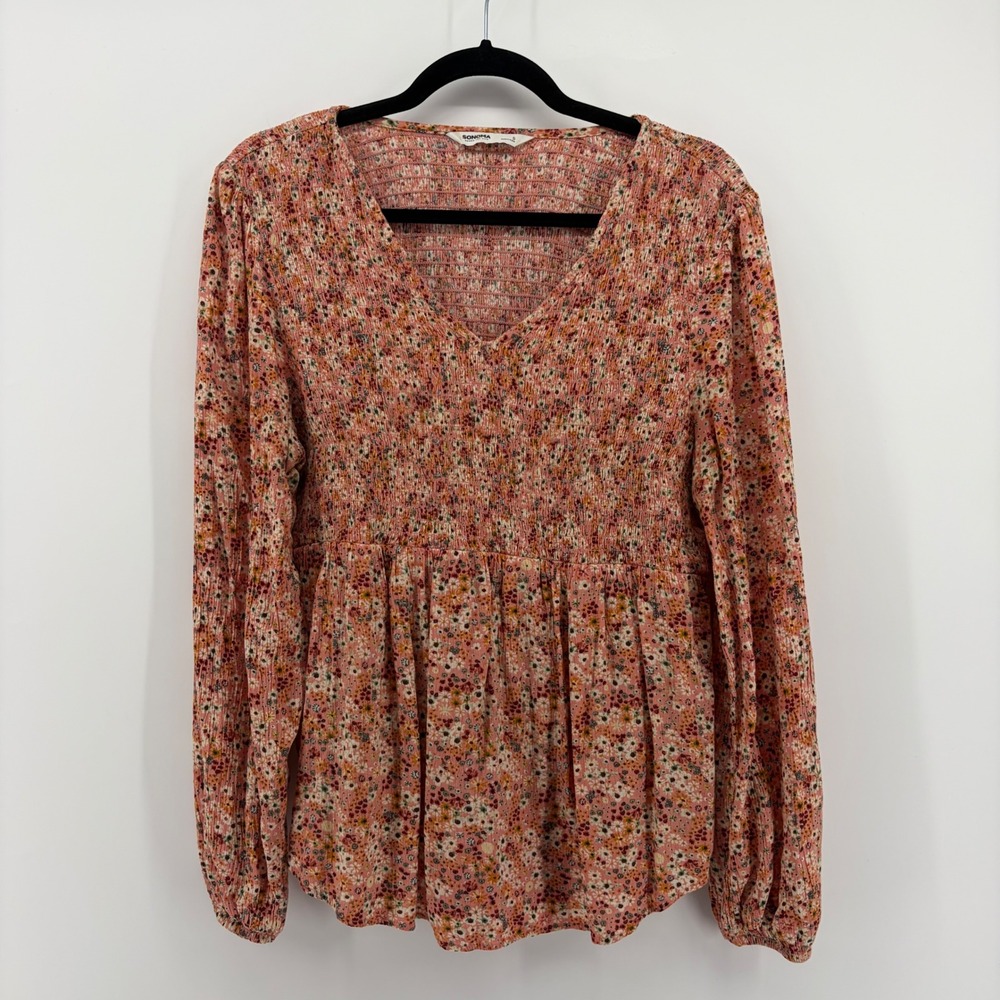 SONOMA Smocked Floral Peasant Blouse Women Size S Long Sleeve V Neck